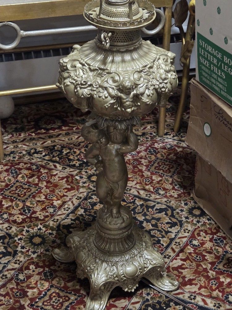 Vintage Embossed Metal Parlor Table Lamp With Figural Cherub Cupid Base