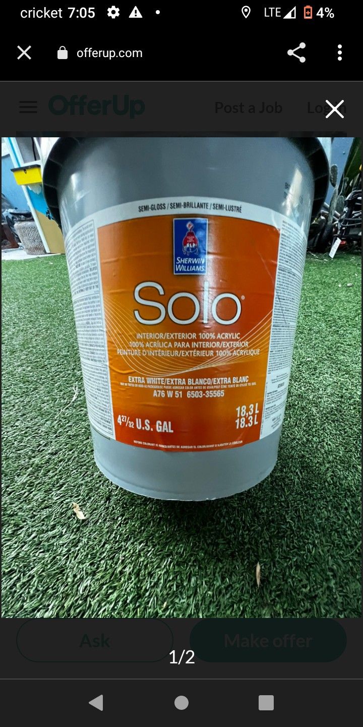 *"*"* Sherwin Williams "Solo" 5 Gallon Interior & Exterior Semi Gloss Extra White Paint *"*'*