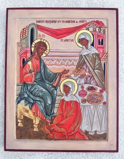 St. Martha and St. Mary with Jesus- Hand painted acrylic and gold leafed ICON on wood