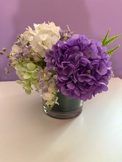 Hydrangea floral centerpiece faux flowers real touch white green purple decor wedding