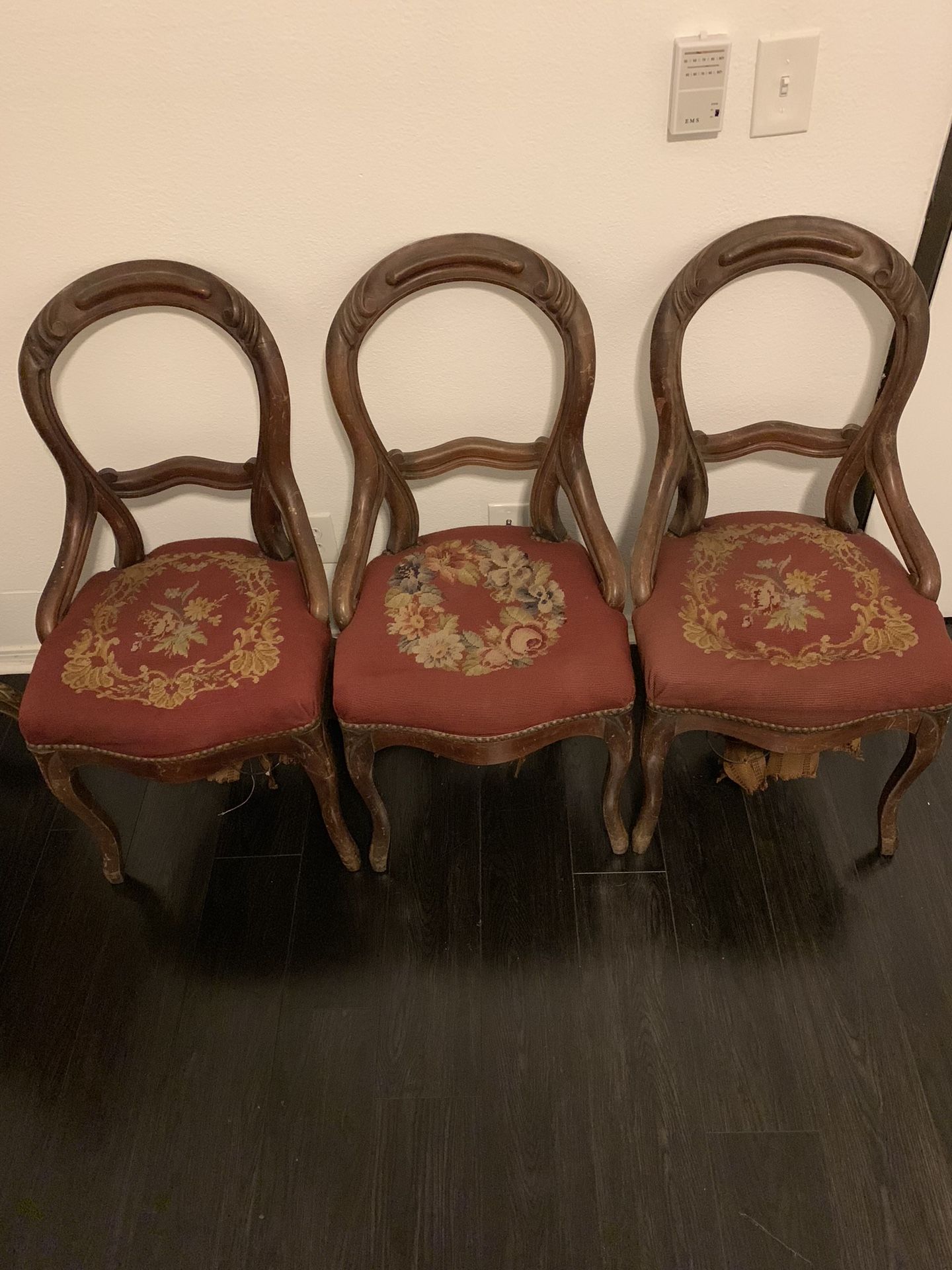 Antique Victorian mahogany balloon back needle point parlor chairs