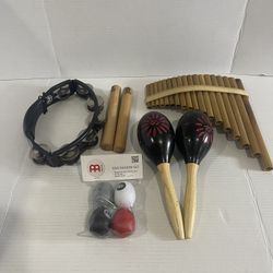 Lot Of Music Instruments Including Tambourine Claves Maracas Pan Flute Egg Shake