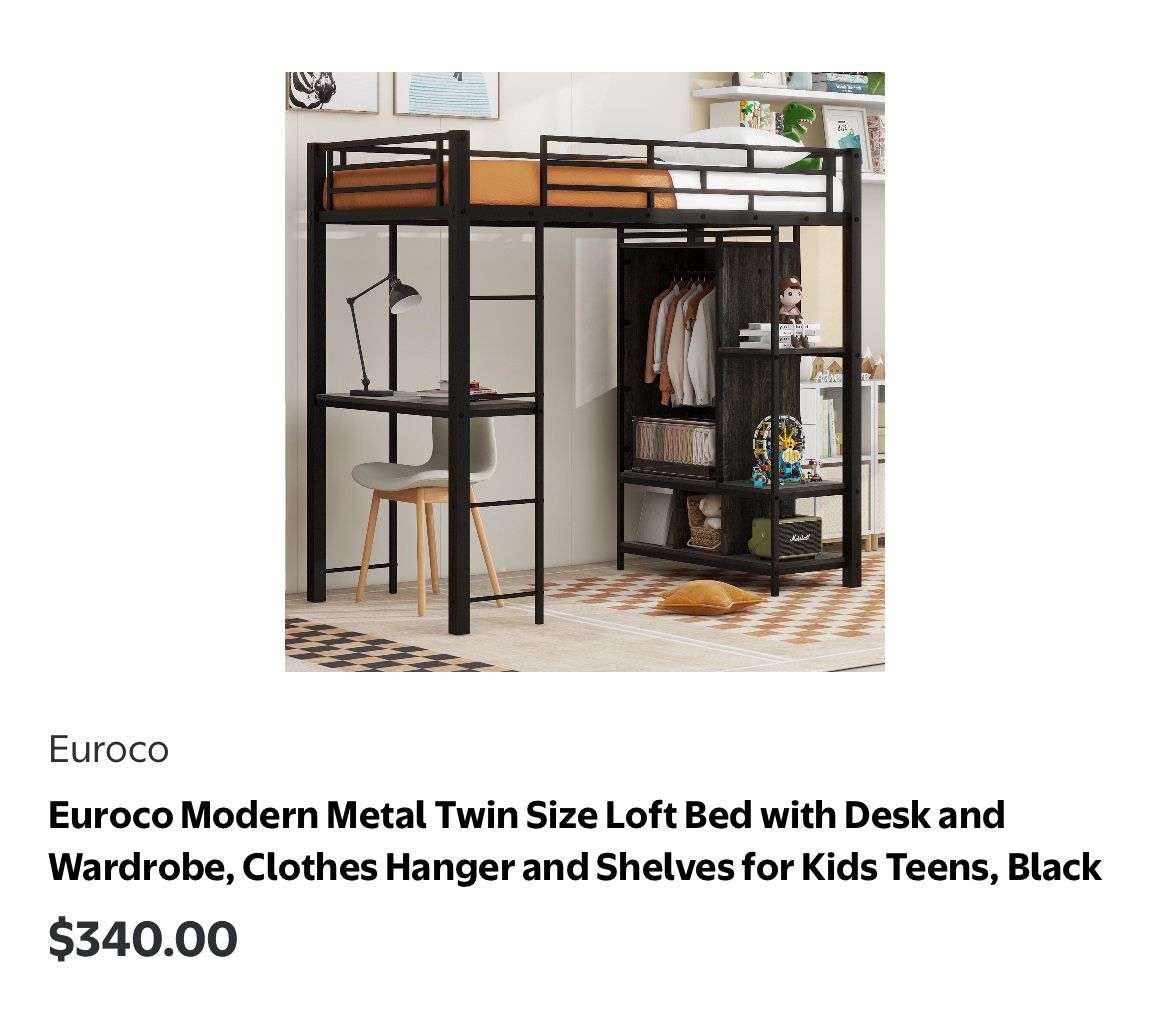 Twin Metal Loft Bed With Desk Under And Shelves+ Closet Area