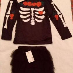 Girls Halloween Costume Skeleton Red Roses Shirt Tutu Skirt & Hair Bow Sz 4_5