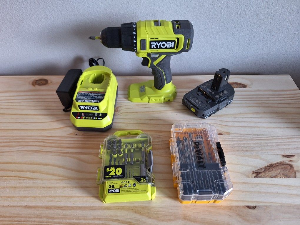 Ryobi 18V ONE+ Cordless Drill/Driver w/ 1.5 Ah Battery, 18V Charger, & 2 Drill Bit Sets
