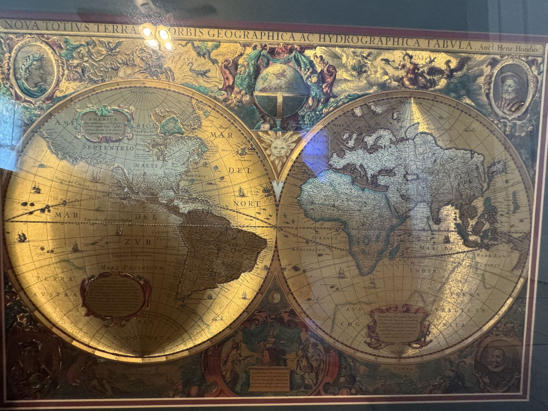 Vintage Framed Reproduction Map by Henricus Hondius — Nova Totius Terrarum Orbis Geographica ac Hydrographica Tabula