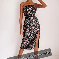 Make a Move Black Satin Floral Jacquard Strapless Midi Dress
