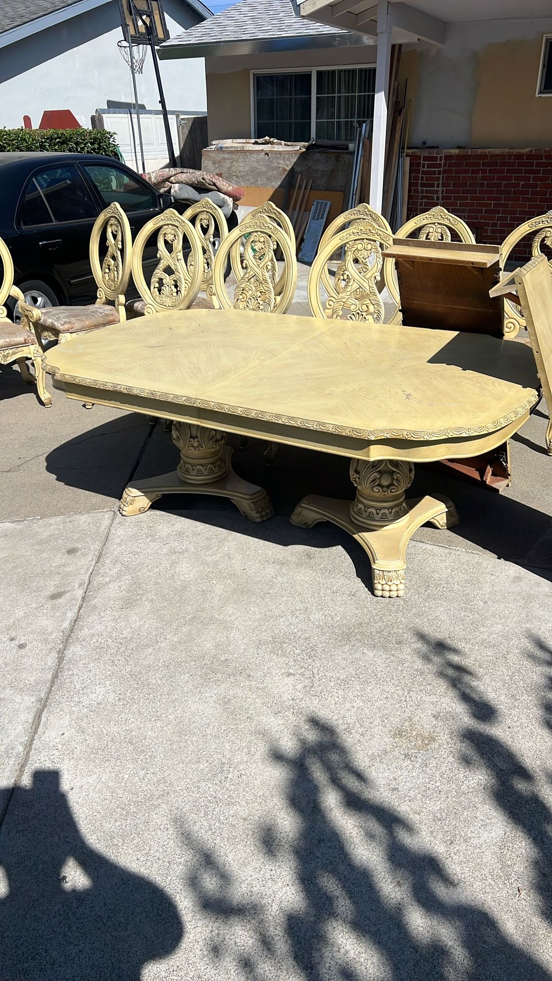 Dining Table Set 10 Chairs Cream Wood Extended Table