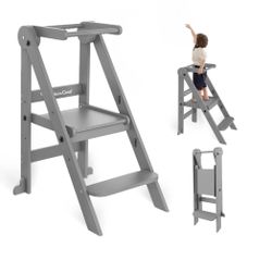 G TALECO GEAR Foldable Toddler Tower, Kitchen Kids Step Stool Helper, Standing Tower with 3 Adjustable Heights, Gray
