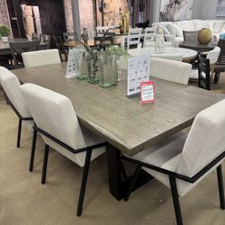 Brown Dining Table and 6 Beige Side Chairs / 7-piece Set
