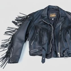 Vintage Pro-Rider Black Leather Fringe Motorcycle Jacket Braided Western Biker 14 Women's XL Mens M