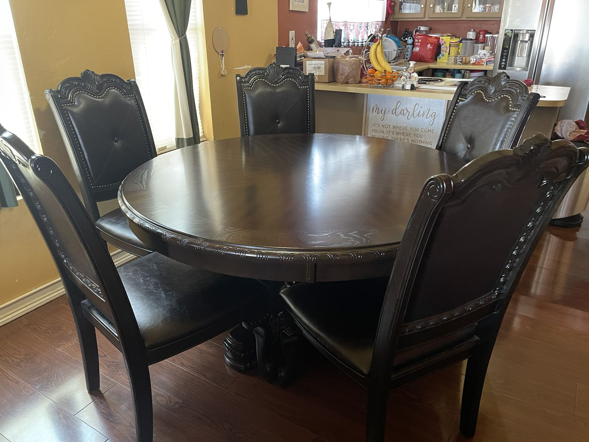 Dark Solid Wood Table + 5 Chairs