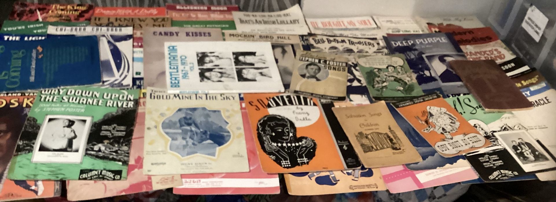 75 Vintage Sheet music books/pages from 1930s,40s,50s,60s,70s,&80s and 1 Beatles Some rips and tears pages may be missing