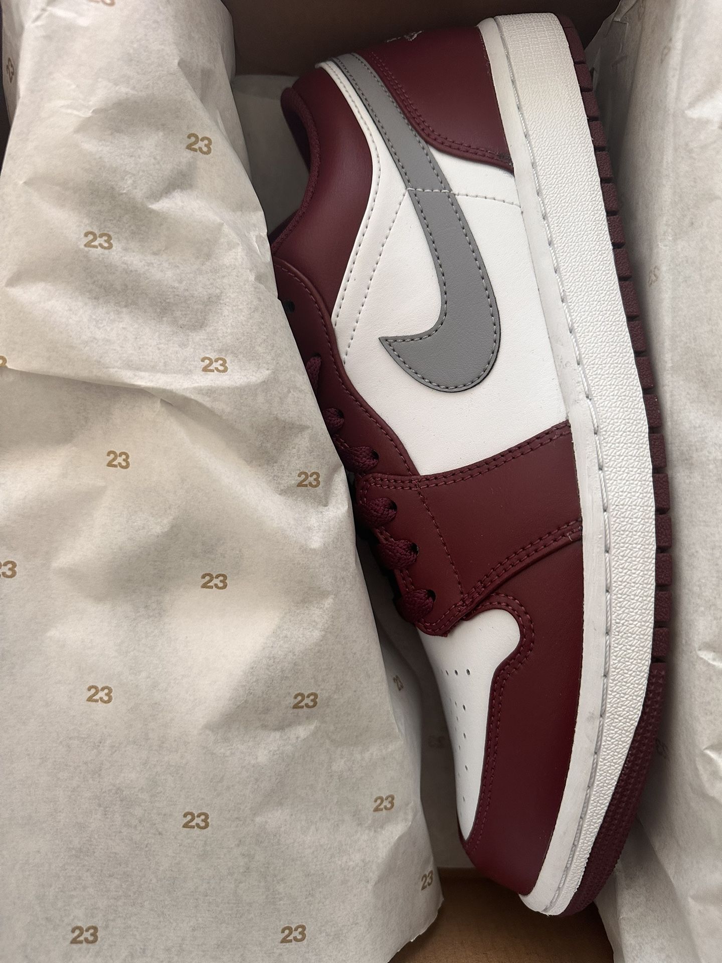 Jordan 1 Low “White Bordeaux” “Cherrywood” (Men’s 12). New in box.