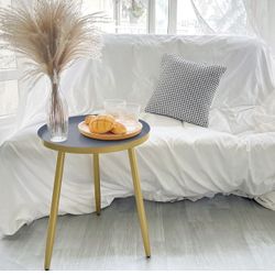 End Table, Round Side Table for Any Room-End Tables Round Nightstand for Bedroom, Matte Gray Tray with 3 Gold Legs Accent Table, 15.8x18.9inches