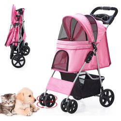 Pet Stroller, Cat Dog Stroller For Medium Small Dog With Storage Basket Foldable Lightweight Dog Carrier Trolley, 4 Wheel, Pink Pink 4-Wheel