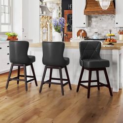 Counter Height Bar Stools Set of 3, 26" H Swivel Bar Stool with Back, Faux Leather Counter Stool, Solid Wood Legs, Retro Upholstered Barstools for Kit