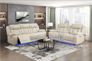BRAND NEW BIEGE SYNTHETIC LEATHER POWER RECLINING LED SOFA + LOVEAEAT WITH WIRELESS CHARGING, BLUETOOTH SPEAKERS, CUP HOLDERS, READING LED.