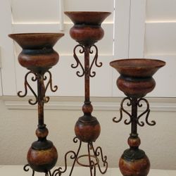 Metal iron decorative set of 3 candle holders faux rust distressed painted mission ornate