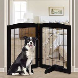 LZRS 2-Panel Freestanding Adjustable Wooden Dog Gate30 Tall Foldable Pet Barrier with Support Feet, Solid Hardwood & Chew-Resistant Steel Wire for Doo