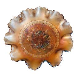 Vintage Dugan Glass Marigold Amethyst Wildflower Ruffled Bowl