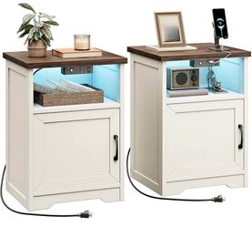 Farmhouse Bedside Tables Set of 2, LED Nightstand with Charging Station, Rustic White/Dark Walnut