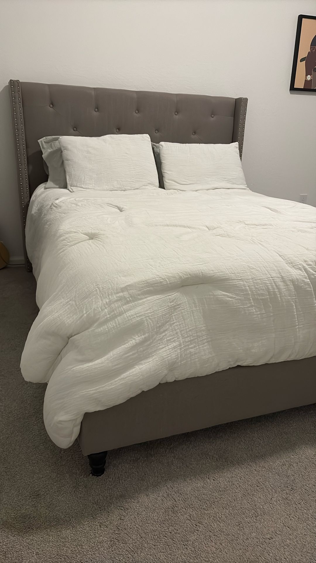 QUEEN BED FRAME (Gray Pleated) Silver With Or Without Mattress 