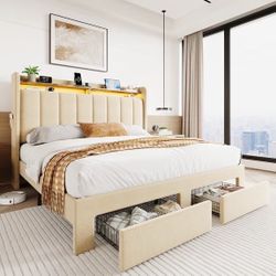 SHA CERLIN Queen Size Platform Bed Frame with Vertical Channel Tufted Wingback Headboard & 2 Storage Drawers/2-Tier Shelves with LED Lights & Charging
