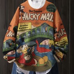 Disney Mickey Mouse & Donald Duck Graphic Pullover - Vibrant Cartoon Design with Venetian Bridge, Long Sleeve Crew Neck Sweatshirt for Women, Casual S