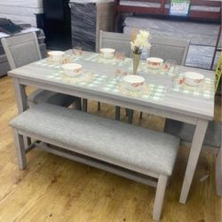 ✅️✅️ 6 pc light finish wood  dining table set padded seat chairs and bench ✅️✅️