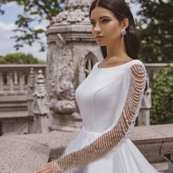 White Satin Long Sleeve Beaded Buttoned Wedding Dress