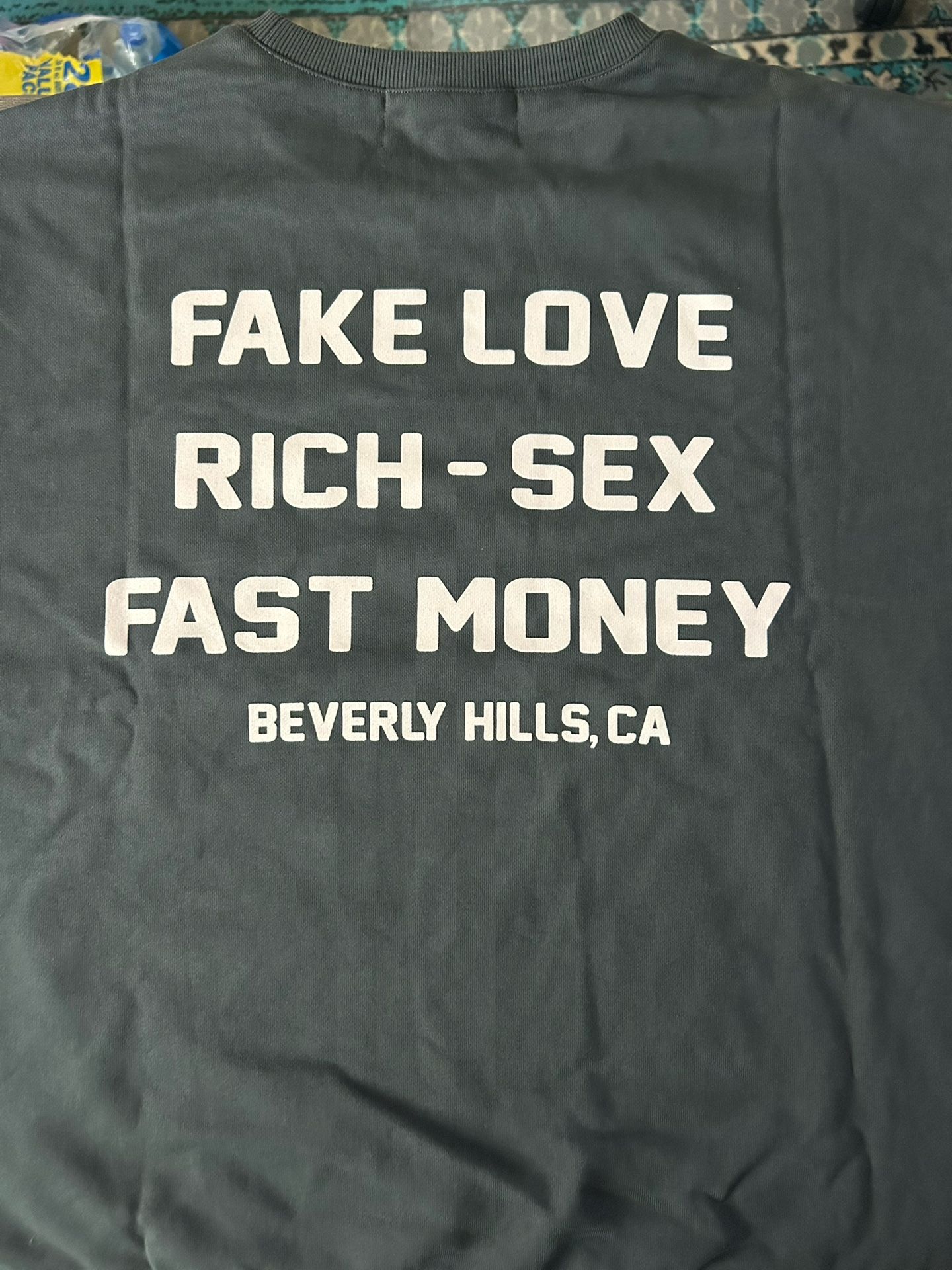 HOTEL HOMME FEMME BEVERLY HILLS XL CREWNECK SZ XL GREY FAKE LOVE X RICH SEX X FAST MONEY