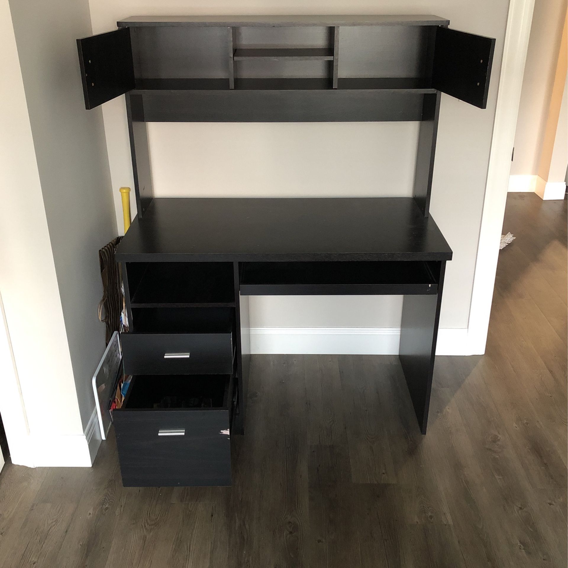 Black Wood Desk With Shelving Unit Attached