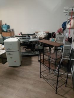 Mini fridge , bar cart ,tables,shelves Take Everything $300