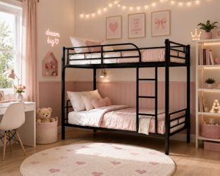 Twin Over Twin Metal Bunk Bed with Ladder and Full-Length Guardrail, Metal Bunk Bed, Storage Space, No Box Spring Needed, Noise Free (Black
