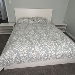 Queen Bed Frame + Mattress + 2 Nightstands (Modern White Set)