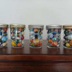 Glass Jars Of Marbles - 5 Total 