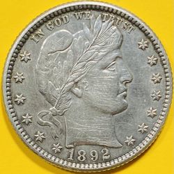 1892-O U.S. BARBER SILVER QUARTER 25c COIN (AU-About Uncirculated)