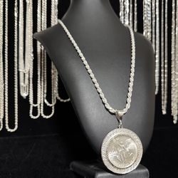 Silver centenario with Versace bezel and Italian silver rope chain