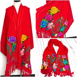 Our Lady of Guadalupe Virgin Mary Red Shawl Wrap Mexican Floral Embroidery Bufanda Virgen María