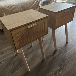 Nightstand Set of 2 for Bedroom - Boho Wooden Rattan Door 