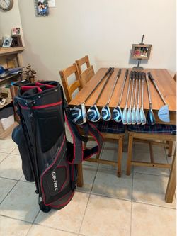 LEFT HANDED TOP FLITE STAINLESS MEN’S GOLF SET+DRIVER/WOOD/HYBRIDS/PUTTER (11CLUBS)+TOP FLITE STAND GOLF BAG