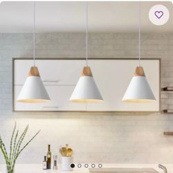 3-Light Wide Single Cone Kitchen Island Pendant Light with Wood Accents