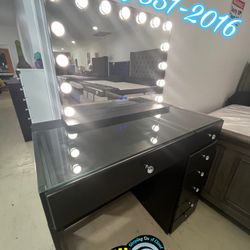 Black Vanity Half Desk With Lights Mirror New Chest 
