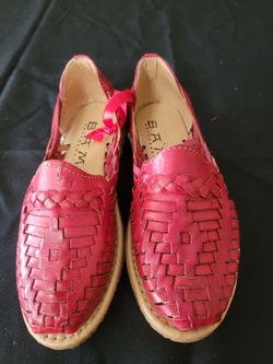 Red hand woven leather huarache sandals 