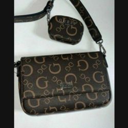 New Black/ Brown GUESS Purse + Pouch  Satchel Hand Bag Crossbody Natural