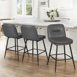24”H Bar Stools Set of 3, Double-Layer Upholstered, for Home Kitchen, Gray