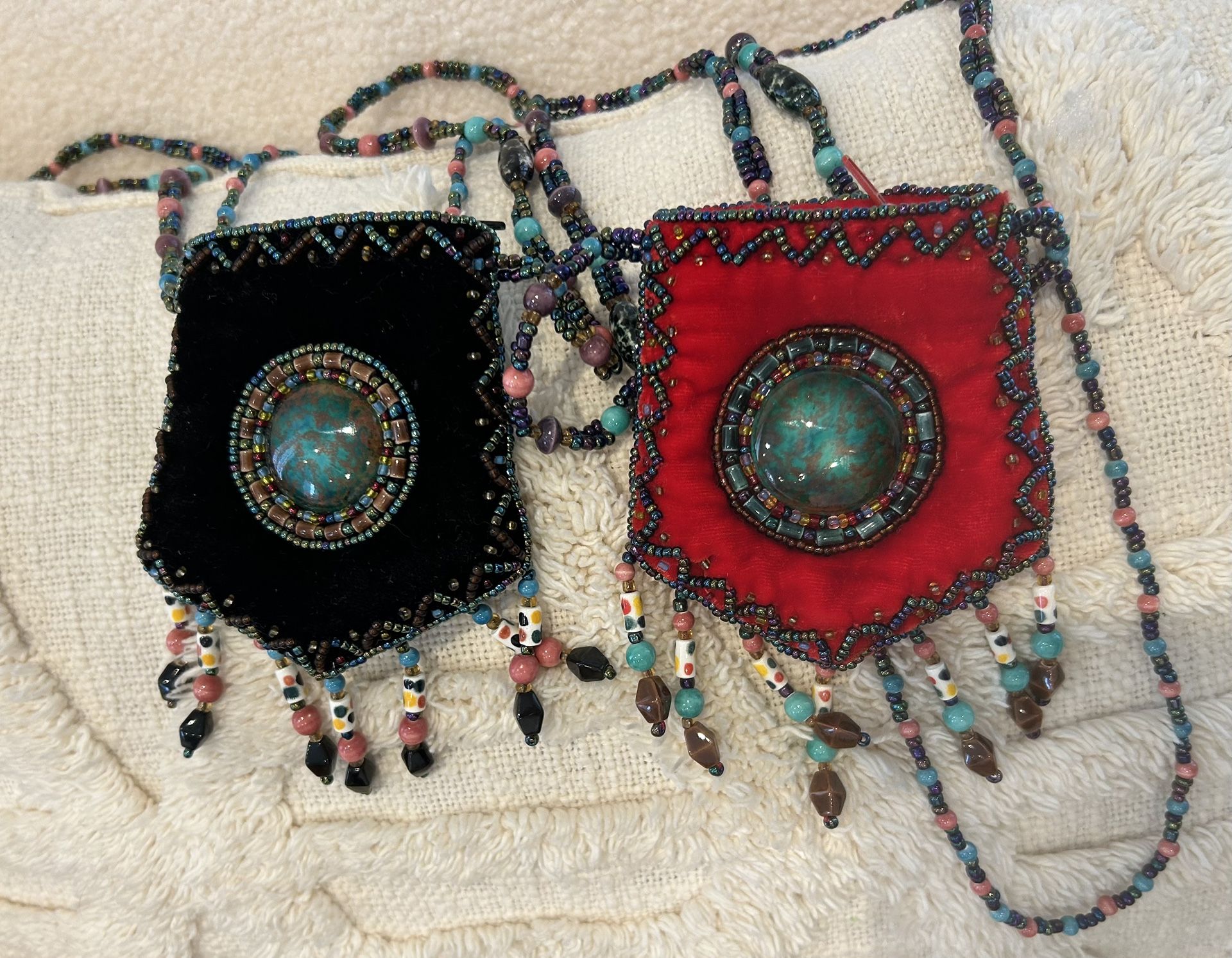 Silk Native Velvet Beaded Pouch Cabochon Frings Purse Boho Velvet with Faux Gems