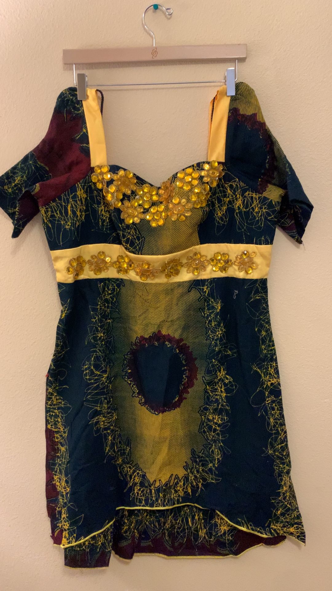 Handmade Colorful Short Dress with Yellow Beaded Detail — Tailored Size ~12–14