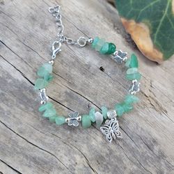 Green Aventurine Crystal Butterfly Charm Adjustable Bracelet 